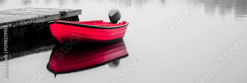Obraz na płótnie A striking red boat is anchored near a wooden pier on still waters, creating a beautiful reflection. w salonie