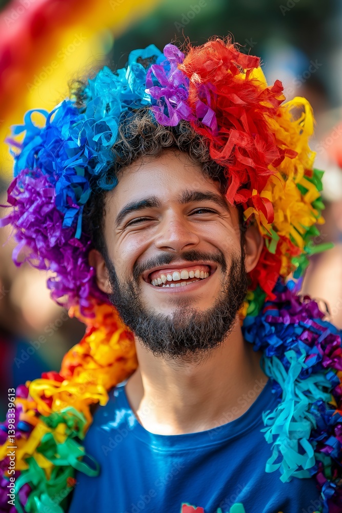 A man beams with happiness, sporting a colorful, festive rainbow outfit.