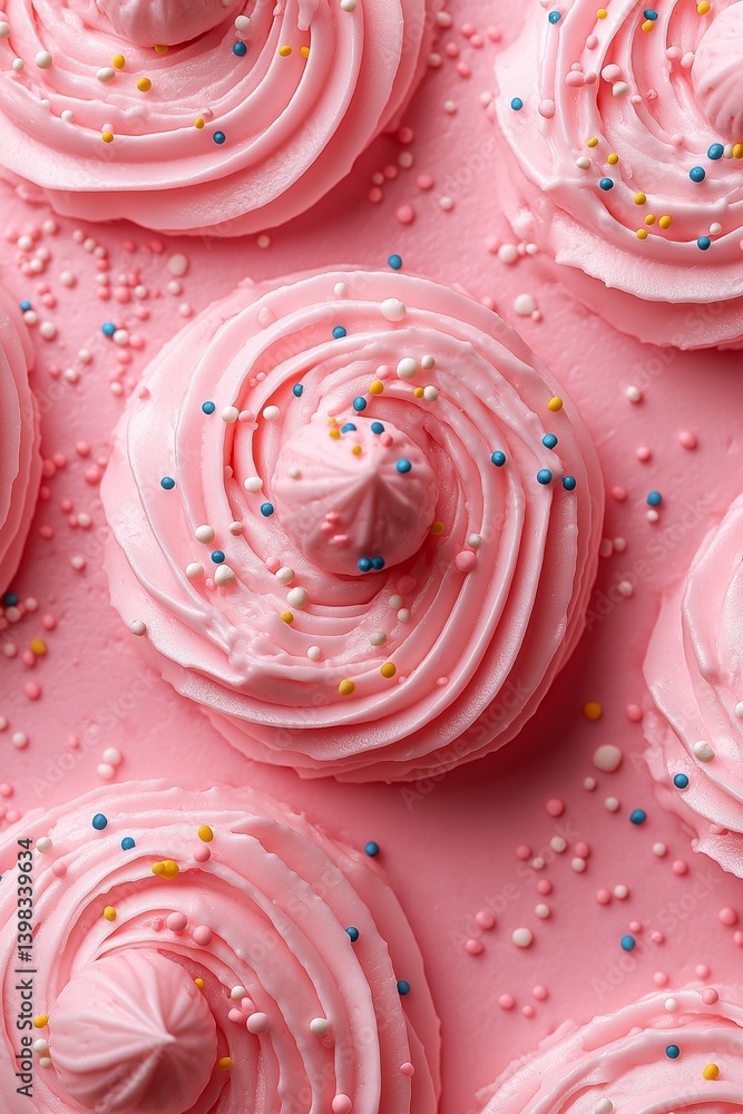 A delightful collection of pink frosted cupcakes topped with colorful sprinkles on a soft pink background. A delightful collection of pink frosted cupcakes topped with colorful sprinkles on a soft pink background.