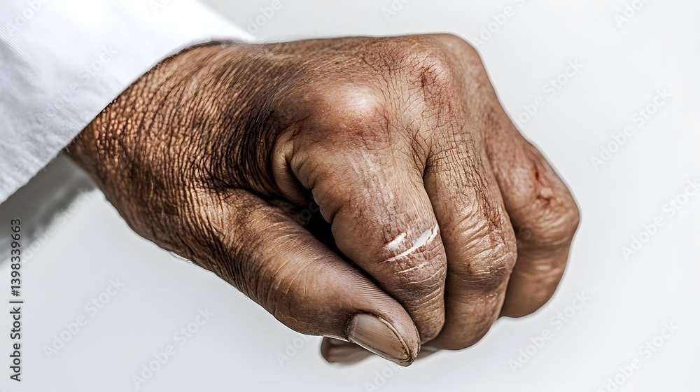 Fototapeta premium Close-up of a weathered, wrinkled hand, showing signs of age and hard work. The skin is deeply tanned and textured, with visible scars and lines. The hand is slightly clenched into a fist.
