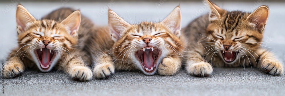Three playful kittens express joy and innocence through laughter and playfulness.