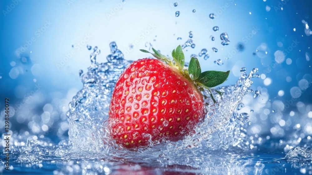 Strawberry falling into water with splashes Strawberry falling into water with splashes