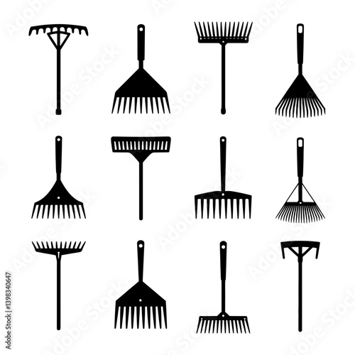 Rake Silhouette Vector Bundle Black and White Rake Clipart EPS Illustration