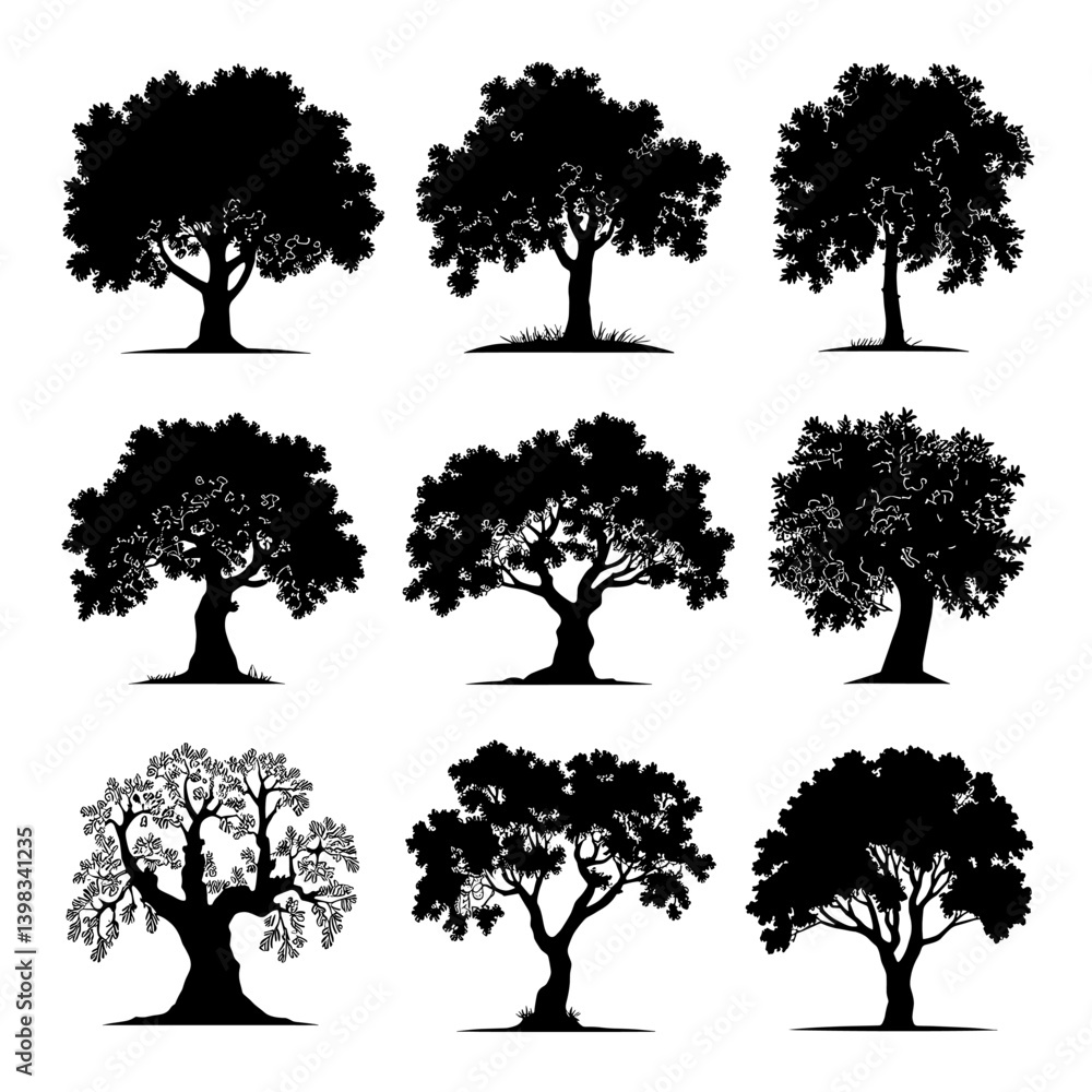 Fototapeta premium Olive Tree Silhouette Vector Bundle Black and White Olive Tree Clipart EPS Illustration