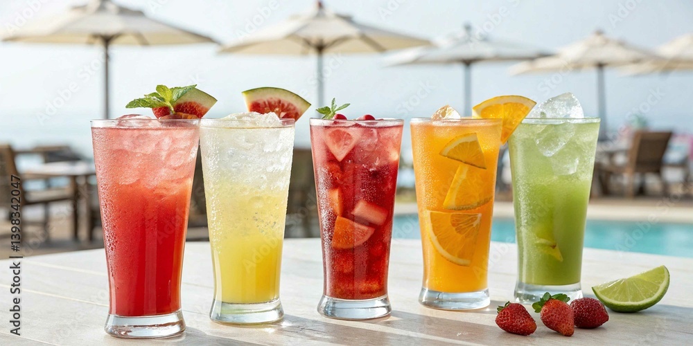 The juices, in shades of pink, orange, yellow, green, and purple, suggest a variety of fruit blends. The juices, in shades of pink, orange, yellow, green, and purple, suggest a variety of fruit blends.