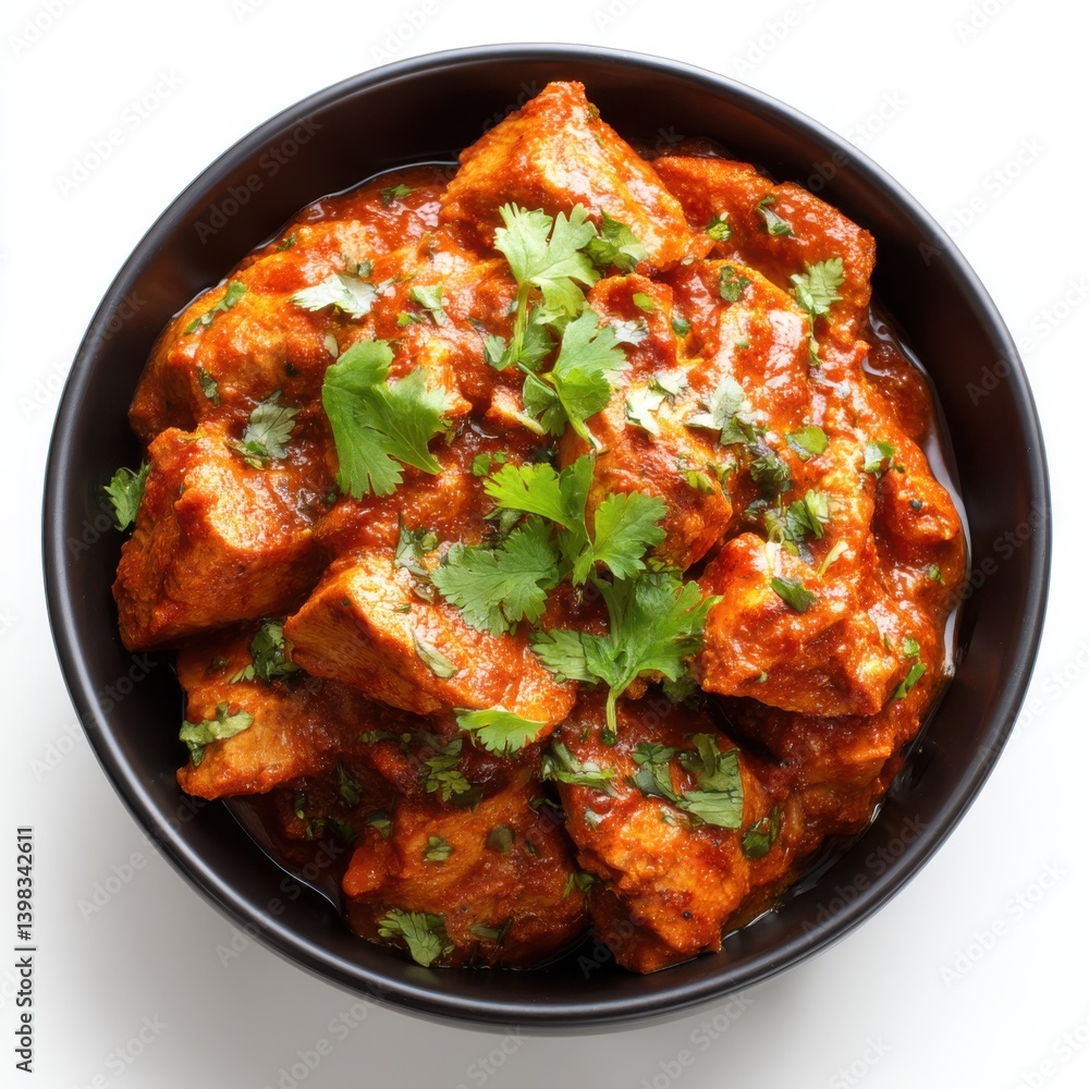 Close up of chicken tikka masala in a bowl with cilantro garnish isolated on white background Close up of chicken tikka masala in a bowl with cilantro garnish isolated on white background