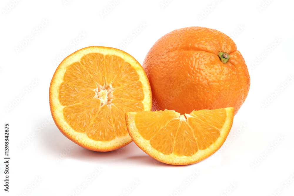 Orange fruit with leaves, half and slices isolated on the white background, clipping path, collection Orange fruit with leaves, half and slices isolated on the white background, clipping path, collection