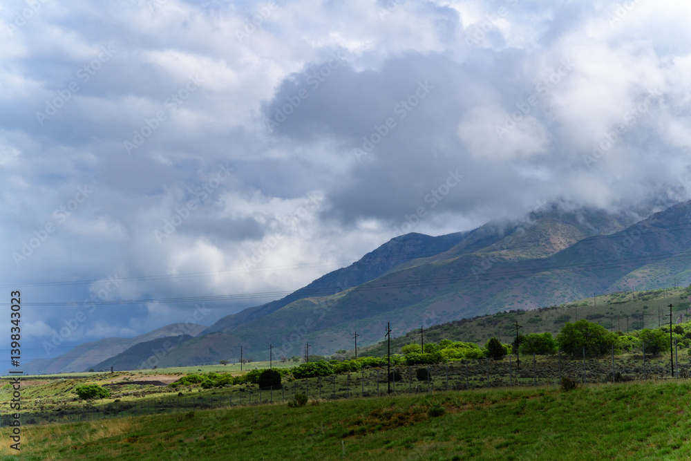 Fototapeta premium Forested mountains covered with low hanging clouds, USA