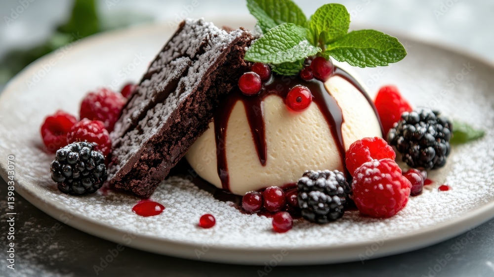 An artistic plating of a creamy dessert topped with berries and chocolate brownie offers an enticing treat, perfect for dessert lovers seeking flavor and beauty. An artistic plating of a creamy dessert topped with berries and chocolate brownie offers an enticing treat, perfect for dessert lovers seeking flavor and beauty.