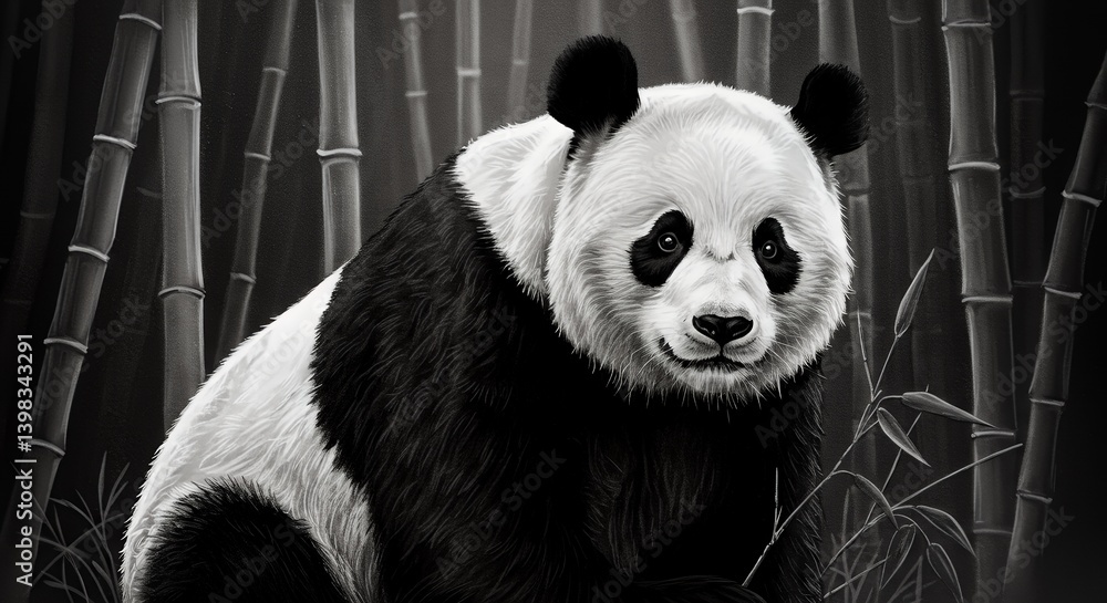 Fototapeta premium Panda Sitting in Bamboo Forest Monochrome Wildlife Illustration