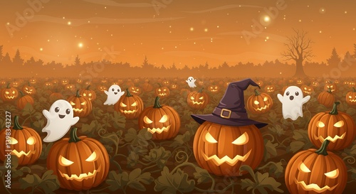 Halloween Pumpkin Patch with Glowing Jack-o'-lanterns and Ghosts