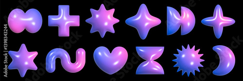 Geometric 3D figures arranged in a playful layout showcasing vibrant plastic textures with a reflective fiber quality, inspired by y2k aesthetics.