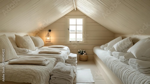 Cozy attic bedroom with three beds
