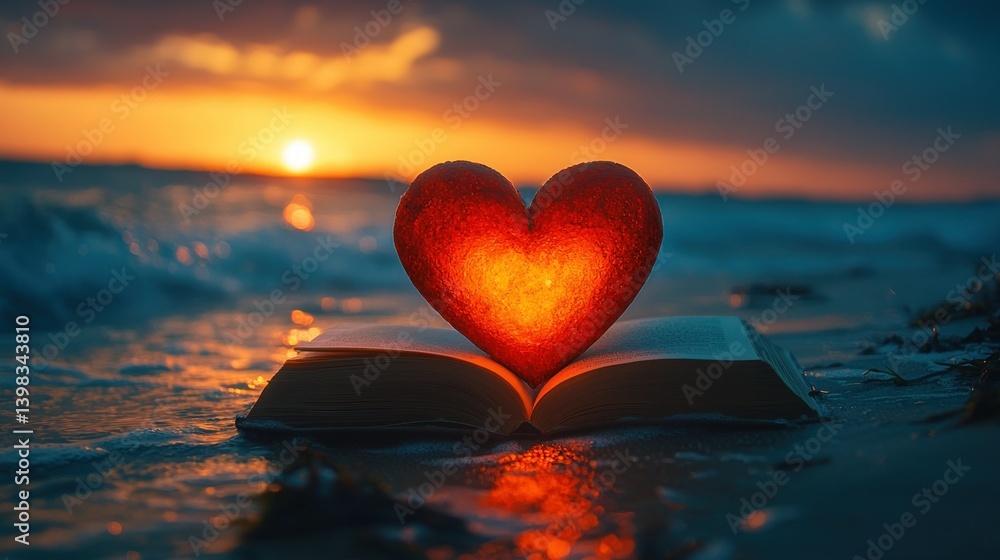 Fototapeta premium Sunset Romance: A Glowing Heart on an Open Book by the Ocean