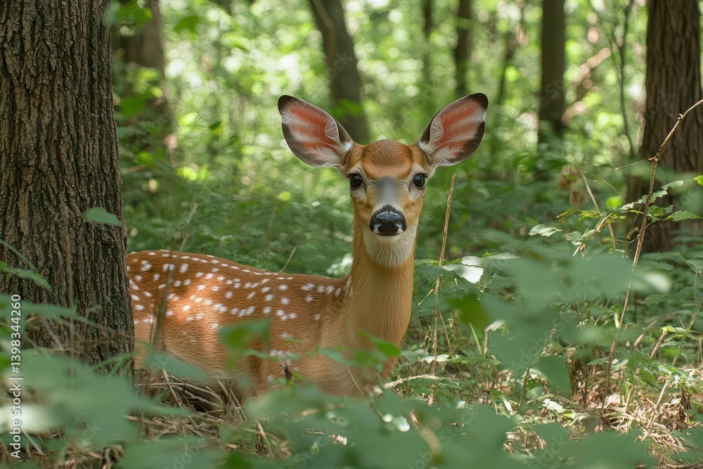 Forest fawn, hidden in the undergrowth Forest fawn, hidden in the undergrowth