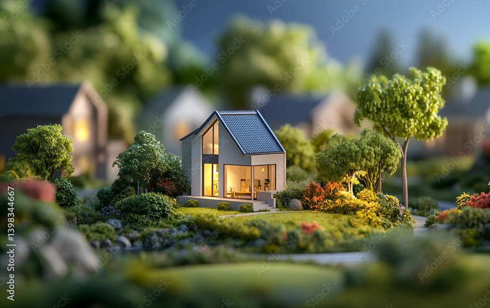 A modern miniature house surrounded by lush greenery, showcasing contemporary design and a cozy ambiance. A modern miniature house surrounded by lush greenery, showcasing contemporary design and a cozy ambiance.