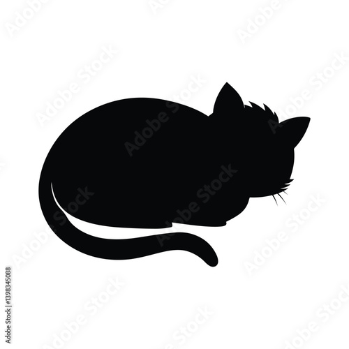 Silhouette of a curled up cat with its tail wrapped around its body on white background