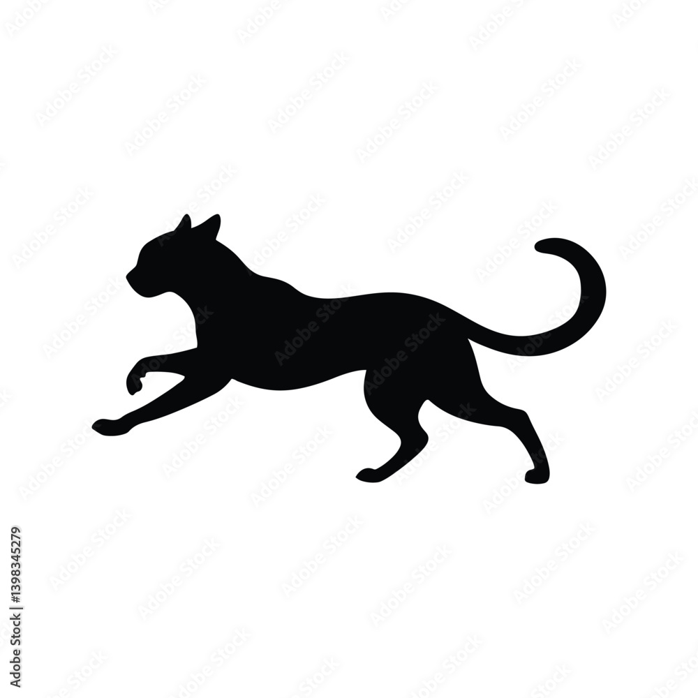 Silhouette of a black cat in a running pose against a plain white background image Silhouette of a black cat in a running pose against a plain white background image