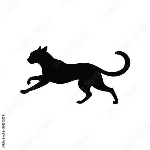 Silhouette of a black cat in a running pose against a plain white background image