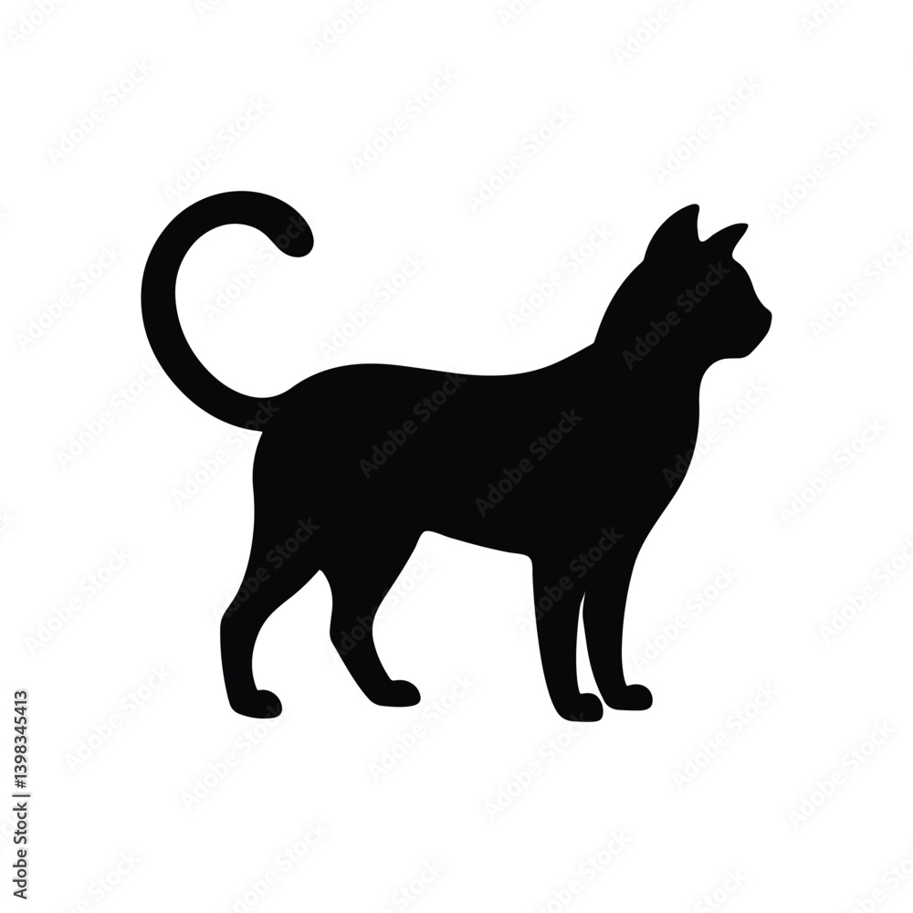 A silhouette of a cat standing with its tail curled on a plain white background design
A silhouette of a cat standing with its tail curled on a plain white background design