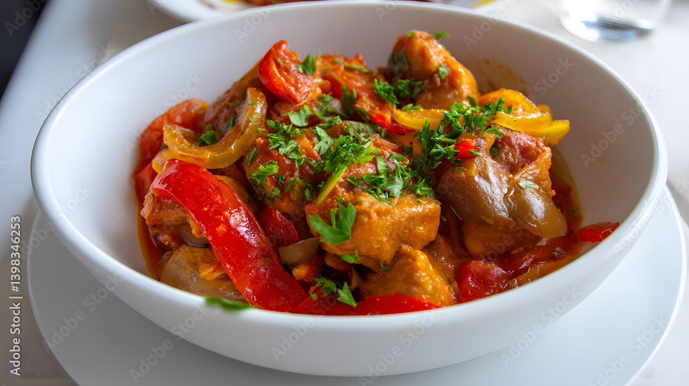 Savory Slow Cooked Kavarma Stew with Tender Pork and Fresh Vegetables in a White Bowl Savory Slow Cooked Kavarma Stew with Tender Pork and Fresh Vegetables in a White Bowl