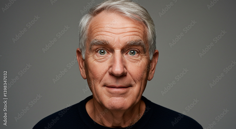 Fototapeta premium Close-up portrait of a man with gray hair, wearing a dark sweater against a gray background, looking directly at the camera.