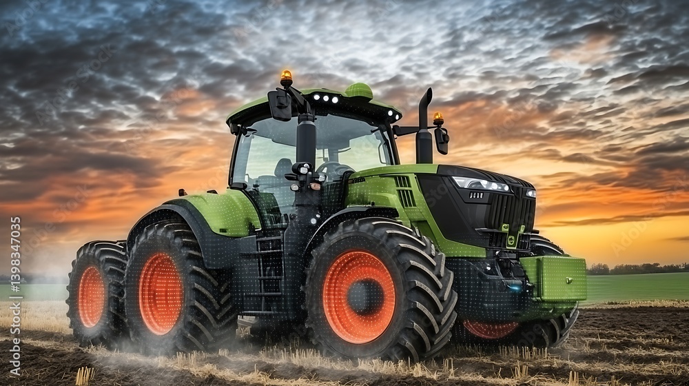 Modern agricultural tractor at sunset, traversing a plowed field. Modern agricultural tractor at sunset, traversing a plowed field.
