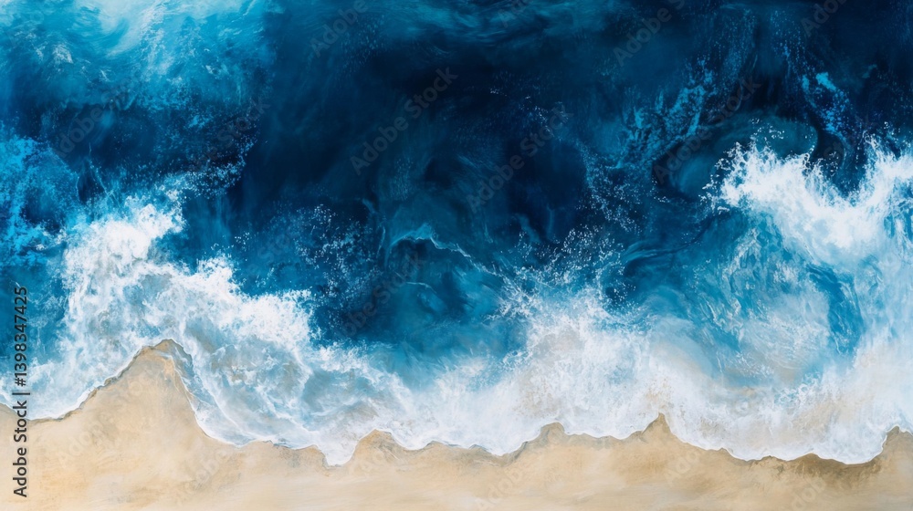 Fototapeta premium Blue ocean waves crashing on a pristine sandy beach