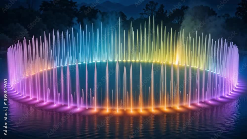 Crescent-shaped lake with colored vertical fountains, slow shutter photo shows glowing motion trails, mist rises, no human elements, ultra HD realism.
