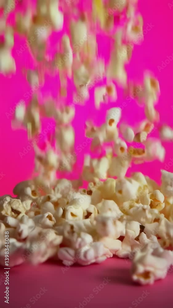Neon Popcorn Dropping Against Pink Background Neon Popcorn Dropping Against Pink Background