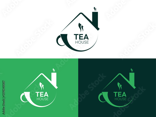 Creative tea house logo design combining the elements of a house and a teacup in a minimalistic and modern style. The logo features a house roof forming the upper part of a teacup,