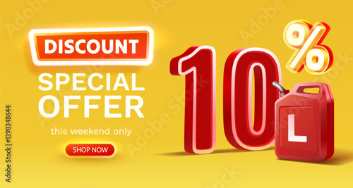 Discount on a canister of gasoline liters, 10 percent discount on liters. Vector illustration