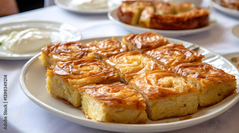 Delicious Traditional Banitsa: Flaky Layered Filo Pastry Served with Cream on a Plate Delicious Traditional Banitsa: Flaky Layered Filo Pastry Served with Cream on a Plate