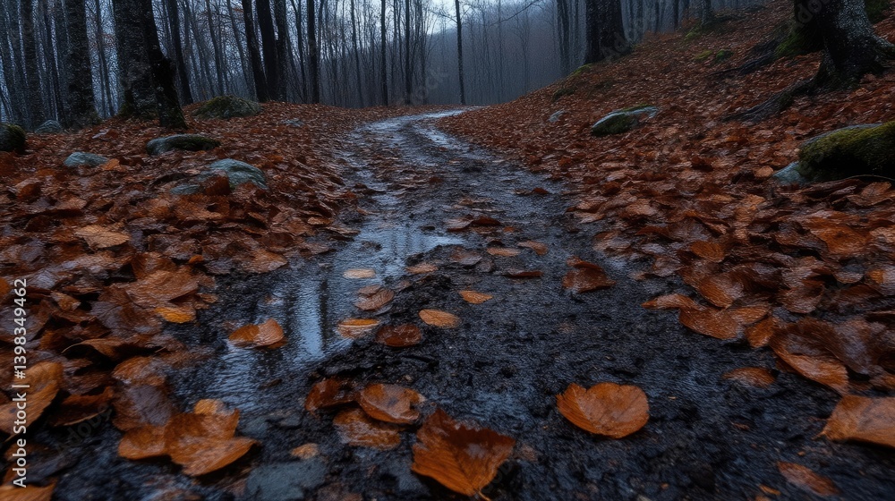 Obraz premium Autumnal forest path, wet and leaf-strewn