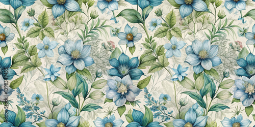 A beautiful floral pattern featuring blue flowers and lush green leaves.