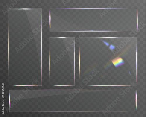 Transparent glass set with smooth edges, reflections, glare, and prismatic light effects. Various geometric shapes for UI, web, and graphic design.