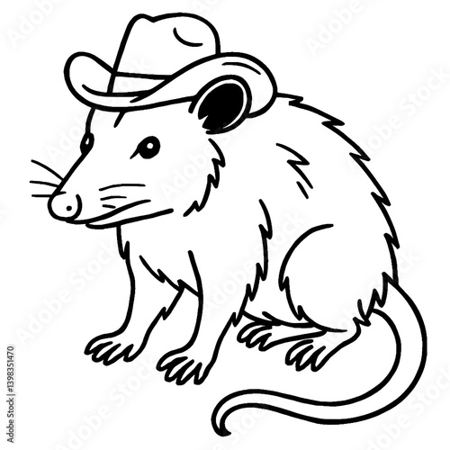 Vector Cartoon of a Cute Opossum Wearing a Cowboy Hat