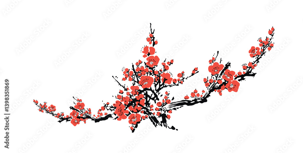 Fototapeta premium Zen Cherry Blossom - Japanese Minimalism. Floral Sakura in Vintage Japanese Style