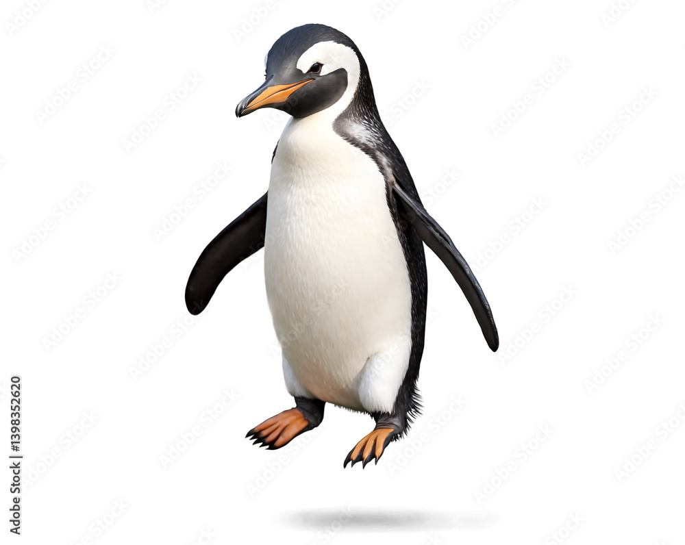 Fototapeta premium Energetic Emperor, A Realistic Penguin Leaping with Joy on Isolated Background Capturing the essence of wildlife and freedom in a single, striking frame