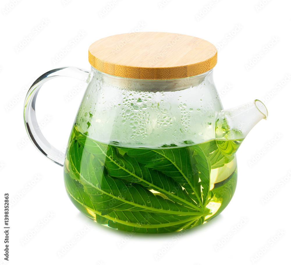 Freshly brewed cannabis tea in a glass teapot isolated on a transparent background