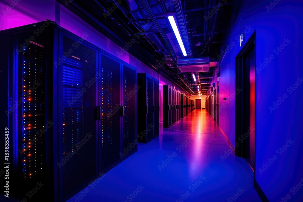 Fototapeta premium Server room hallway with vibrant neon lighting