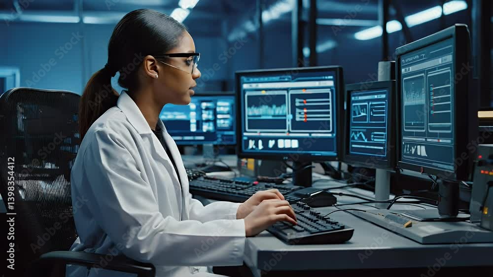 A scientist analyzes data on multiple monitors in a laboratory setting. A scientist analyzes data on multiple monitors in a laboratory setting.