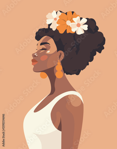 Vector portrait poster illustration of a beautiful African American, dark-skinned woman, in a sideways pose. Curly afro hairstyle. Can be used as an avatar for social networks or for women's projects