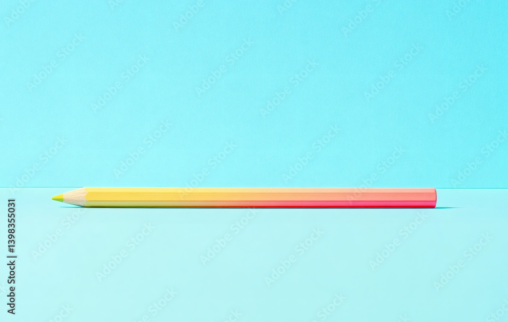 A colorful pencil rests on a solid cyan surface with a simple minimalist design aesthetic. A colorful pencil rests on a solid cyan surface with a simple minimalist design aesthetic.