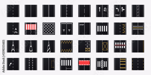 Road marking set isolated. Vector illustration. Top view, view from above. City street map collection. Roundabout, crossroads. Asphalt seamless highway elements constructor.