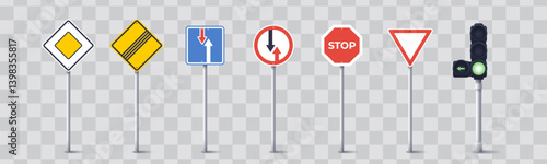 Traffic signs and traffic light. International road signs set isolated on white background. Priority signs. Vector illustration. Stop, no entry, main road, give way sign.