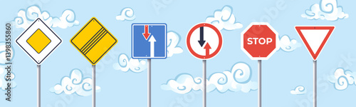 Traffic signs. International road signs set isolated. Blue sky. Priority signs. Vector illustration. Stop, no entry, main road, give way sign.