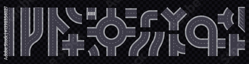 Road set isolated. Vector illustration. Top view, view from above. City street map collection. Roundabout, crossroads. Asphalt seamless highway elements constructor. Road marking. Easy brush creation.