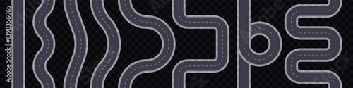 Road set isolated. Vector illustration. Top view, view from above. City street map collection. Asphalt seamless highway elements constructor. Road marking. Easy brush creation.