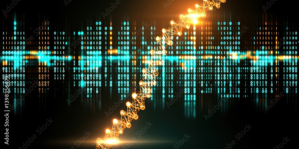 Digital representation of DNA with vibrant, glowing elements. Digital representation of DNA with vibrant, glowing elements.
